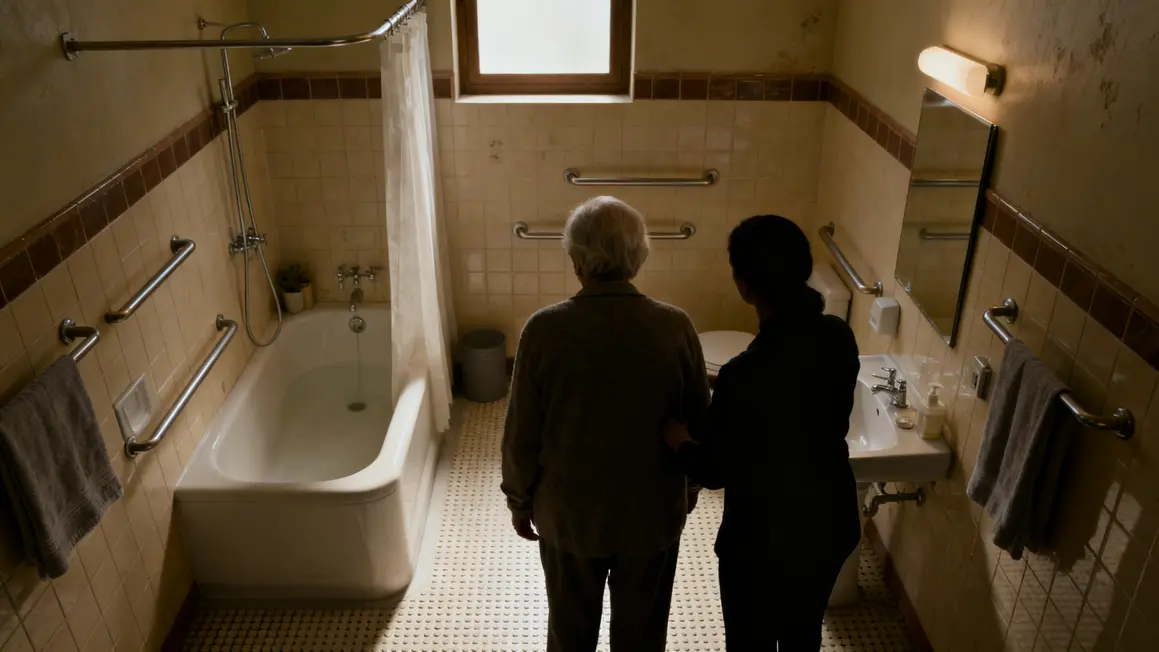 Salle de bains adaptée avec douche accessible, barres d’appui, sol antidérapant