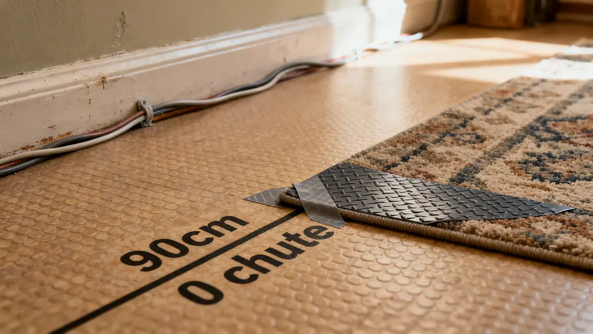 Sol antidérapant logement senior, tapis fixés, zéro chute