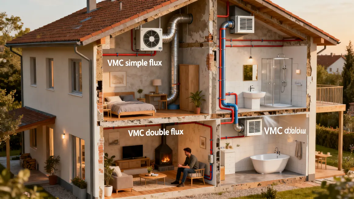 Schéma solutions ventilation logement rénové VMC double flux simple flux