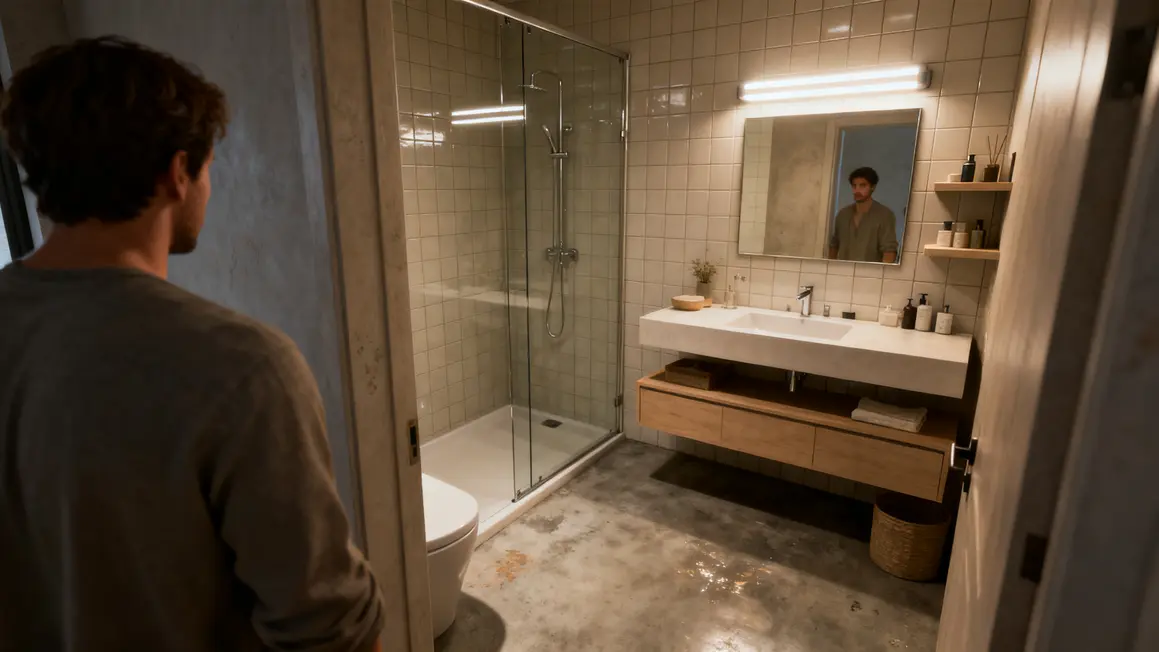 Salle de bains compacte 2026 avec béton ciré, meubles suspendus et douche italienne