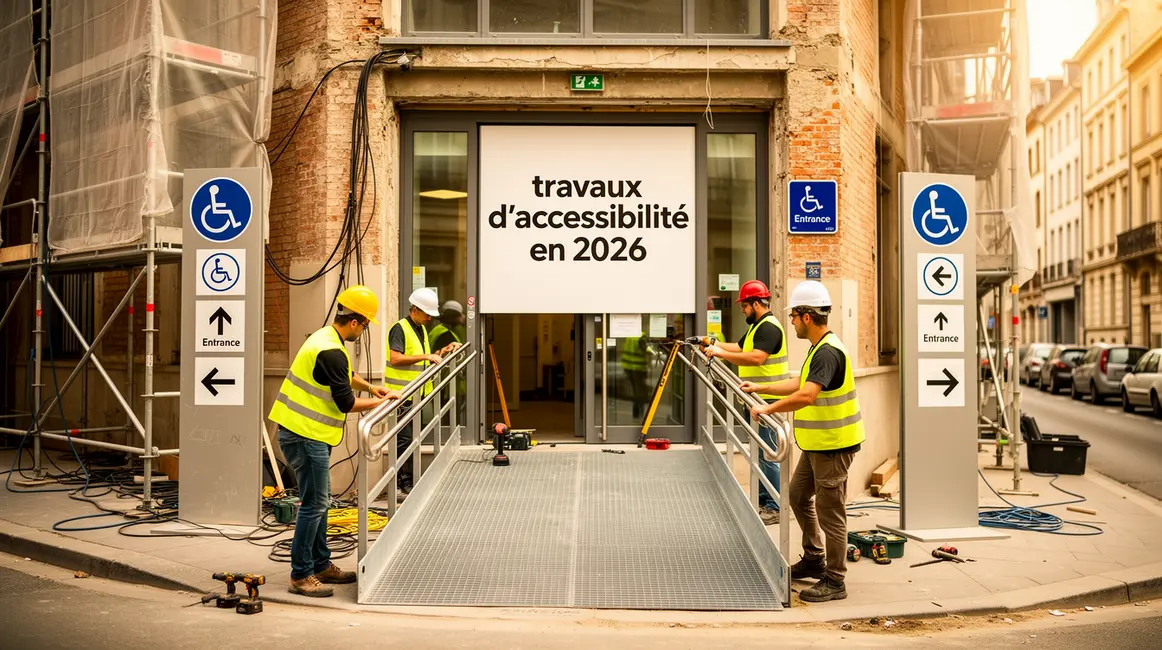 Photo chantier de rénovation avec rampe et signalétique accessibilité 2026