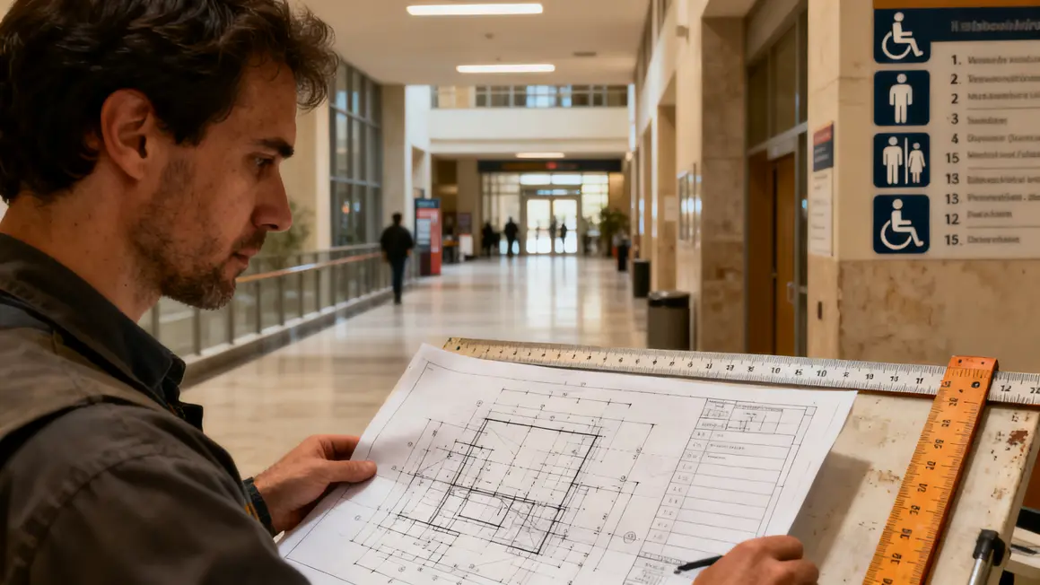 Expert réalisant diagnostic accessibilité bâtiment public