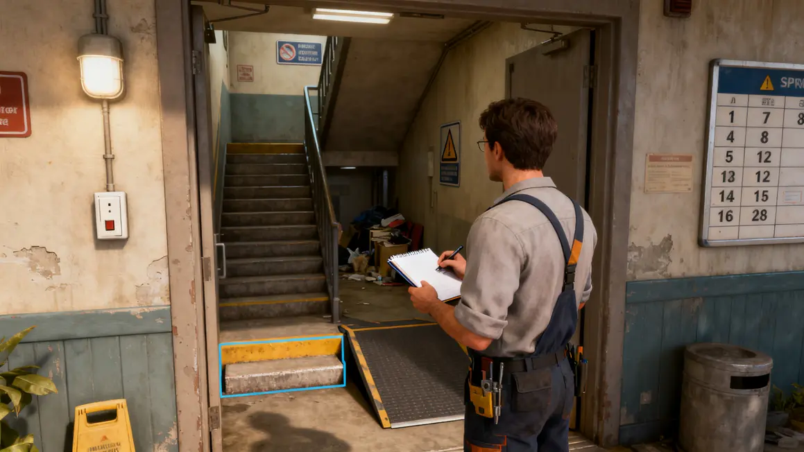 Technicien analyse entrée bâtiment rampe marche signalétique couloir