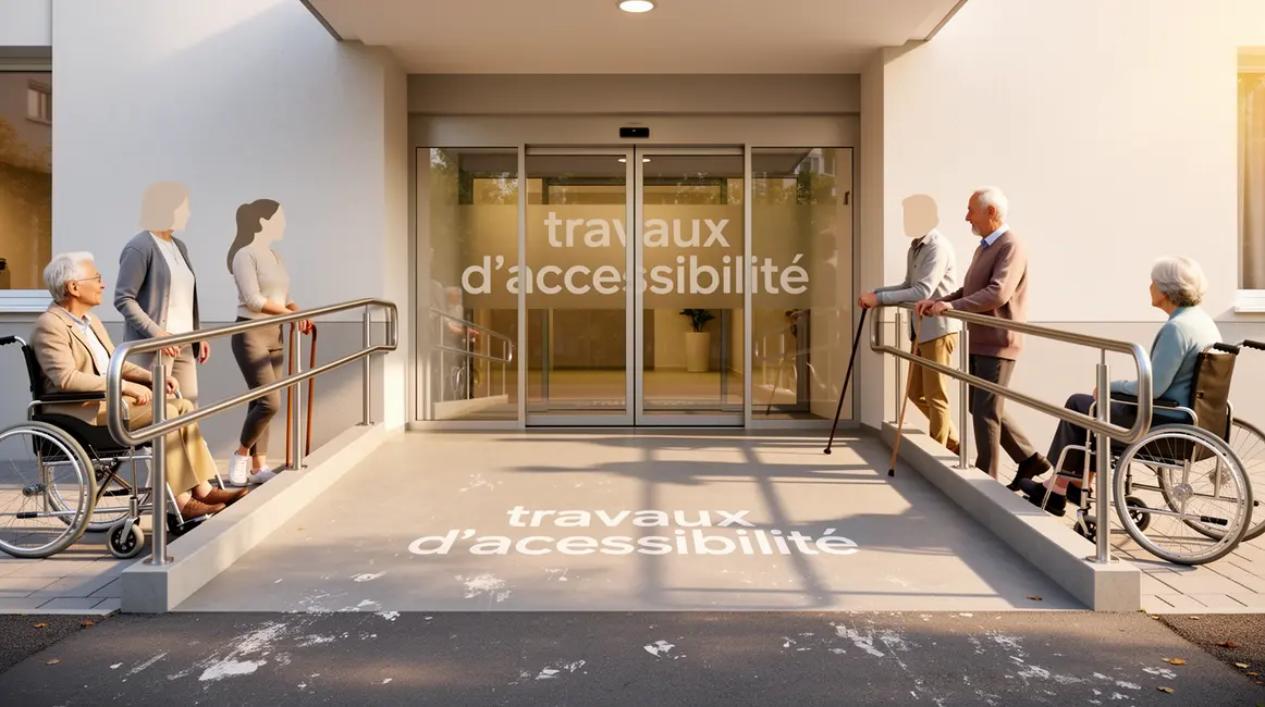 Entrée d'immeuble avec rampe accessibilité PMR et seniors