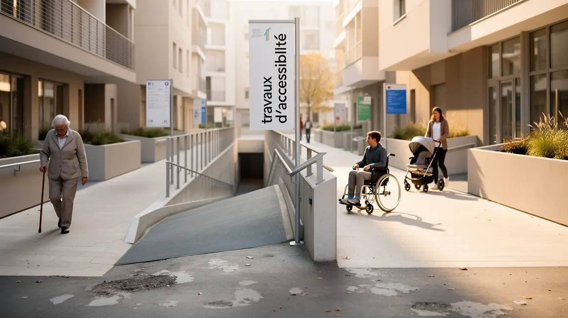 Vue espace public accessible avec rampe, signalétique visible, personnes diverses