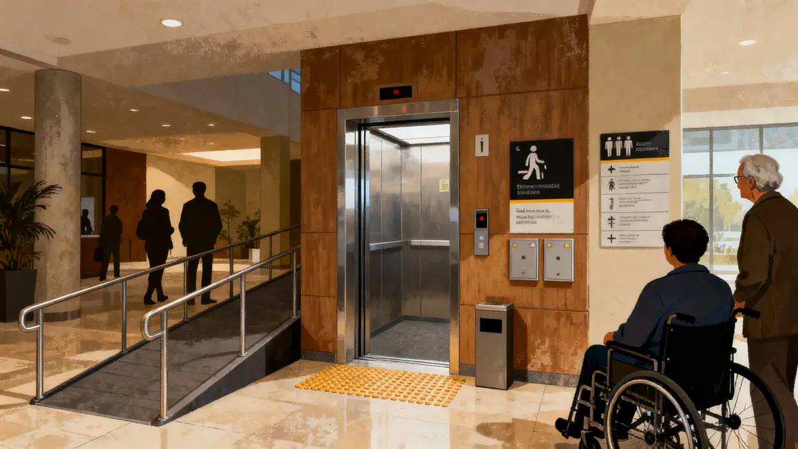 Hall immeuble accessible rampe ascenseur signalétique PMR