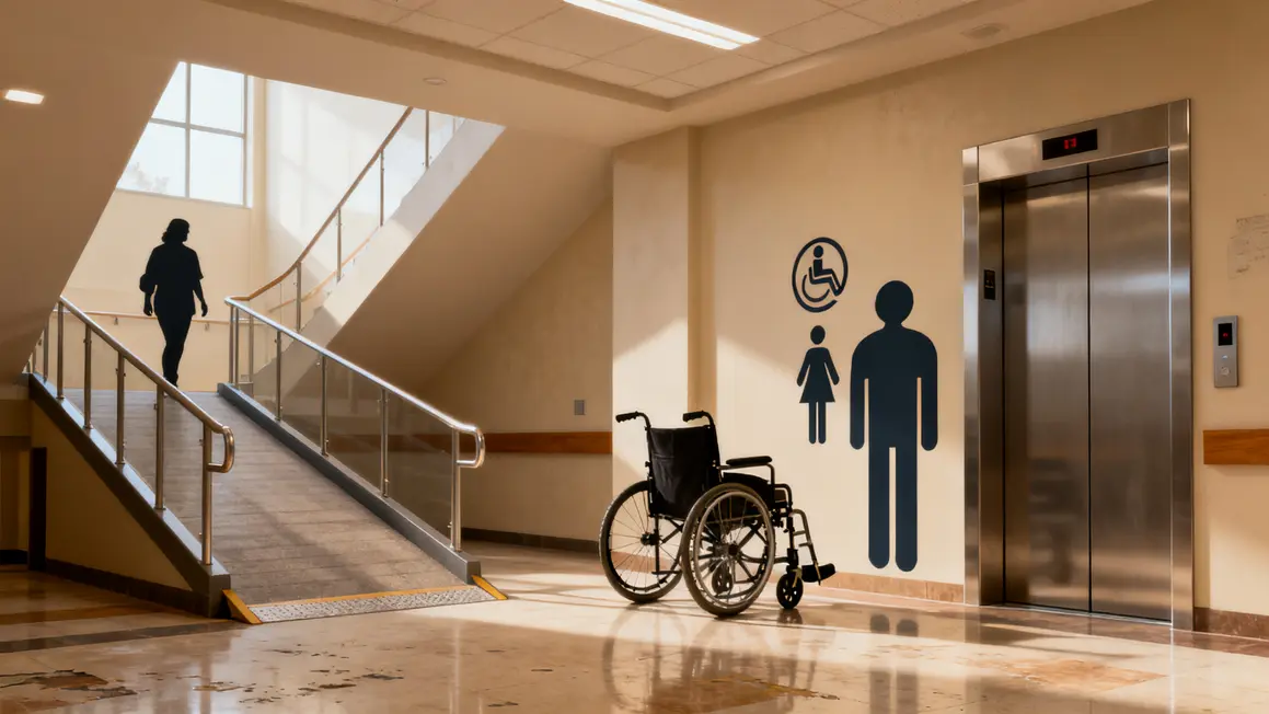 Hall public accessible rampe ascenseur poussette