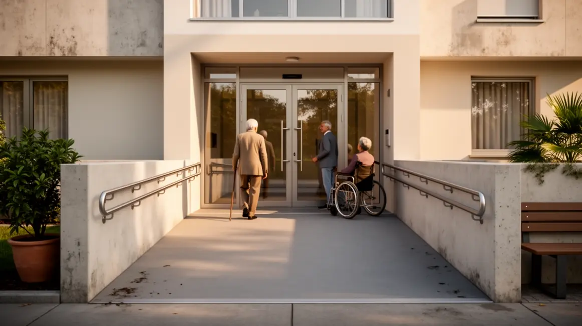 Scene logement moderne avec rampe et porte accessible