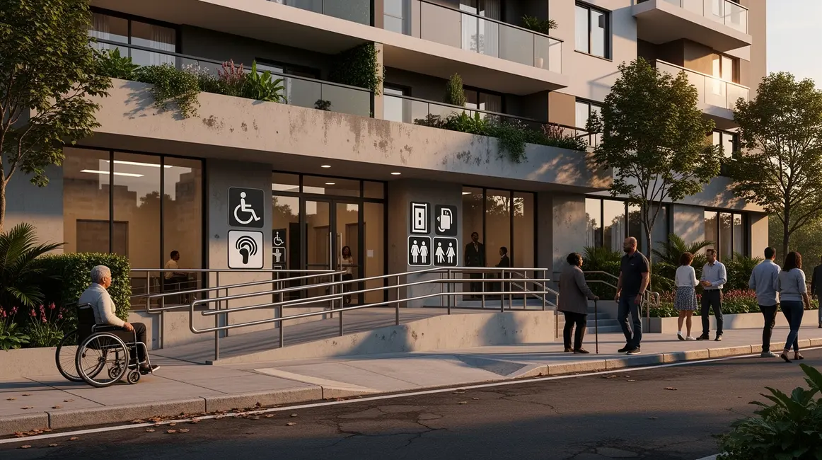 Résidence urbaine accessible avec rampe et pictogrammes