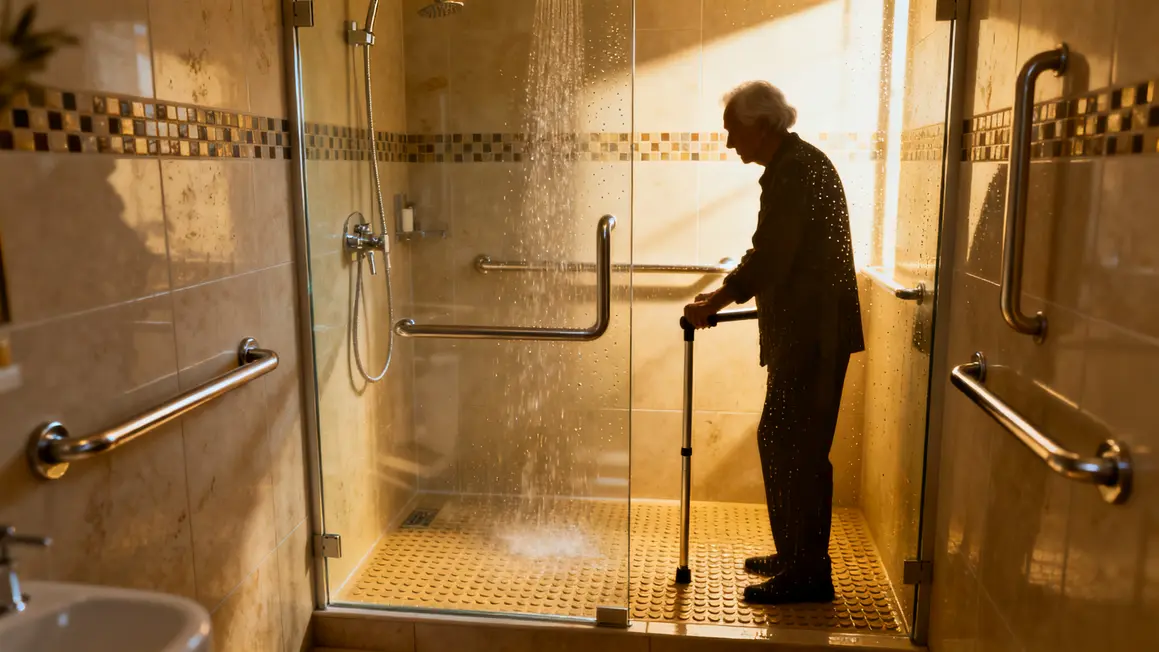 Salle de bain accessible avec douche italienne et barres appui