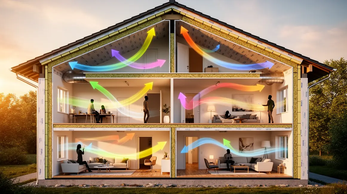 Maison rénovée coupe avec flux d’air stylisés ventilation logement rénové