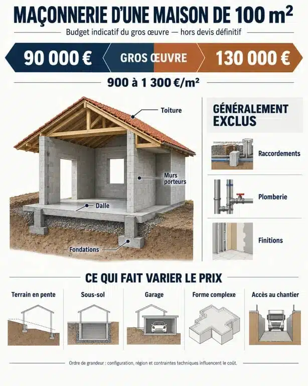 Infographie sur le prix maçonnerie maison 100m2 et les facteurs qui font varier le budget du gros œuvre