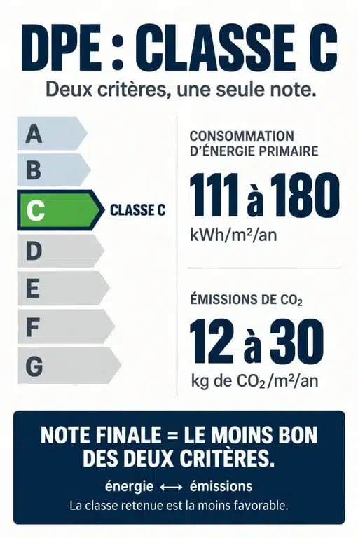 Infographie des seuils d’un DPE C en consommation d’énergie primaire et émissions de CO₂