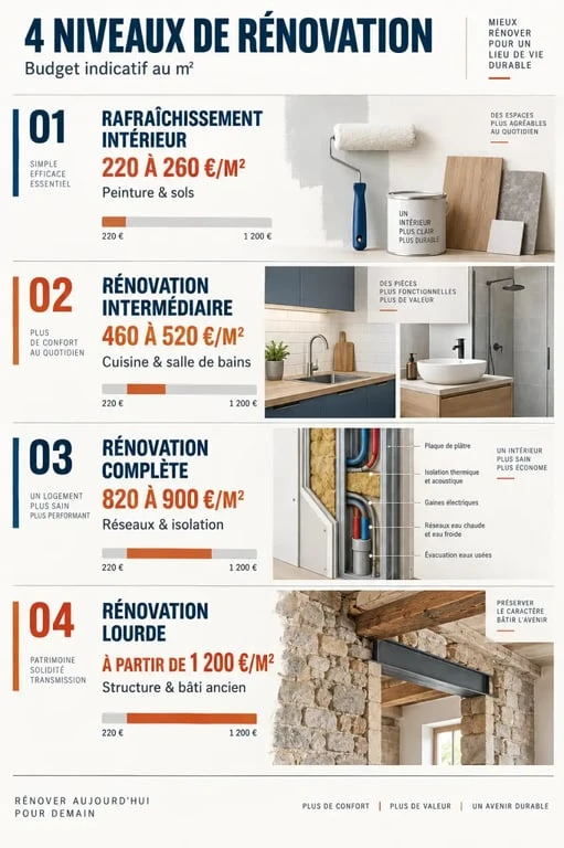 Entreprise renovation : infographie des niveaux de travaux et des prix au mètre carré