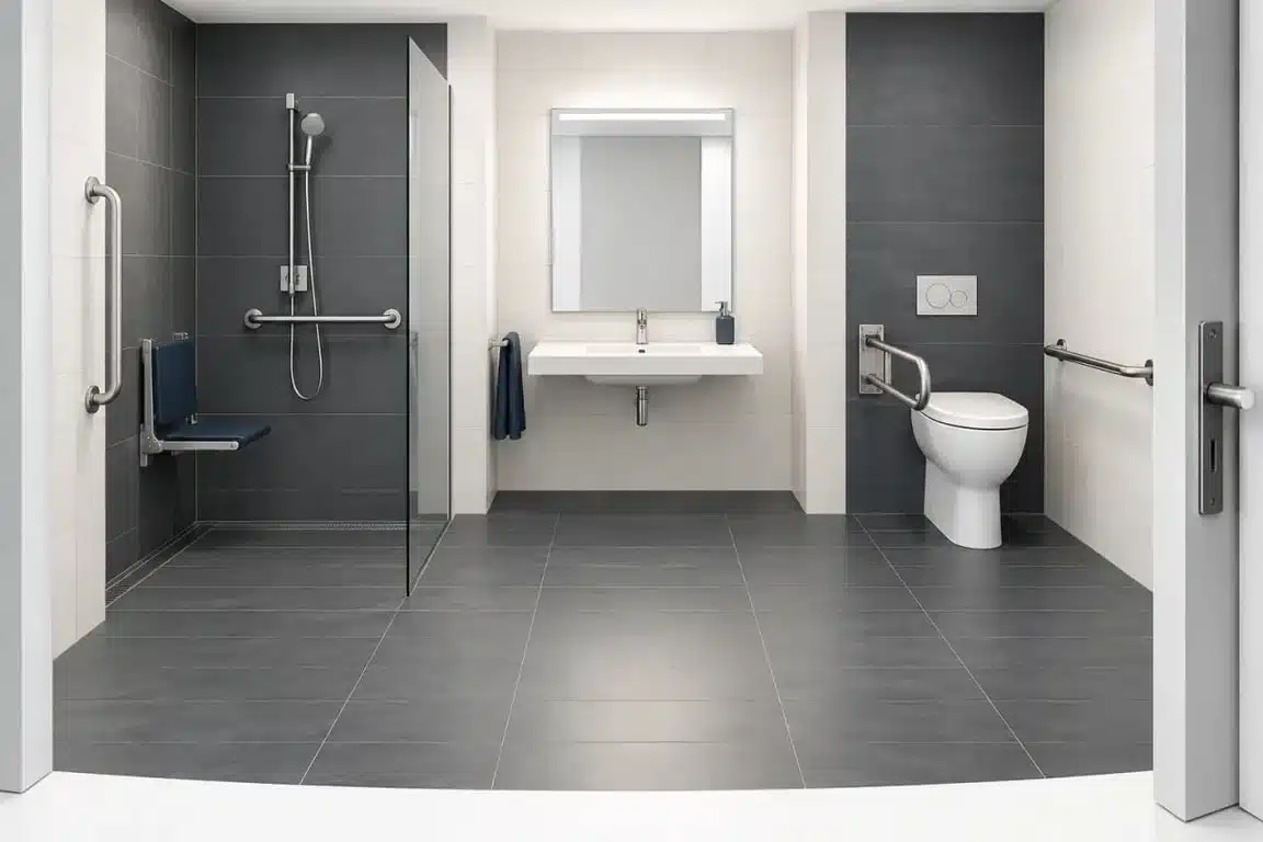 Rénovation salle de bain PMR avec douche de plain-pied, barres d'appui et espace de circulation dégagé