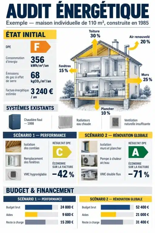 Exemple d’audit énergétique avec structure du rapport, scénarios de travaux et budget