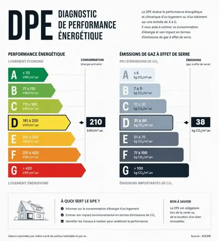 Double étiquette du DPE avec classes énergie et climat de A à G