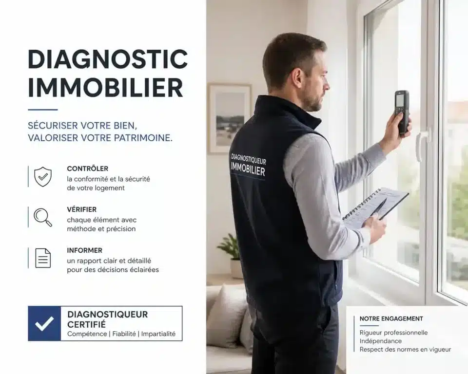 Diagnostiqueur réalisant un DPE et inspectant les menuiseries d'un logement
