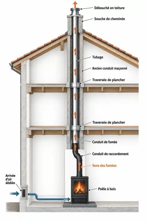 Schéma de la reglementation pour poele a bois montrant le conduit, le tubage, la sortie de toit et l’arrivée d’air