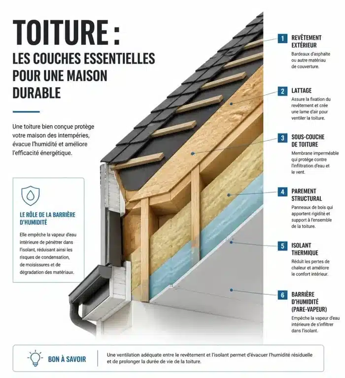 Schéma technique de l'isolation et de la membrane d'étanchéité pour un achat immobilier