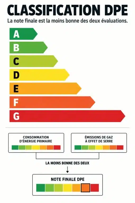 Infographie sur la classification DPE de A à G et la double évaluation énergétique et climatique