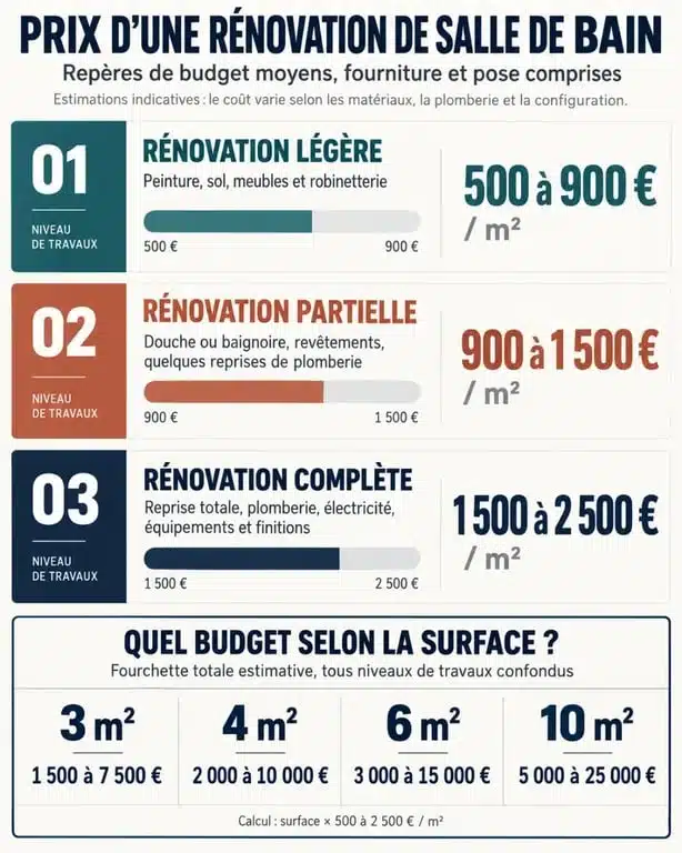 Infographie sur le prix rénovation salle de bain selon la surface et le niveau de travaux