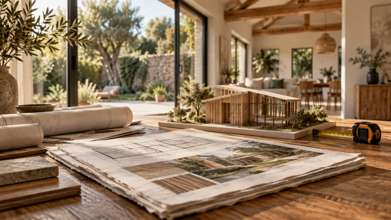 Extension de maison : intérieur avec maquette d’extension bois et accès jardin