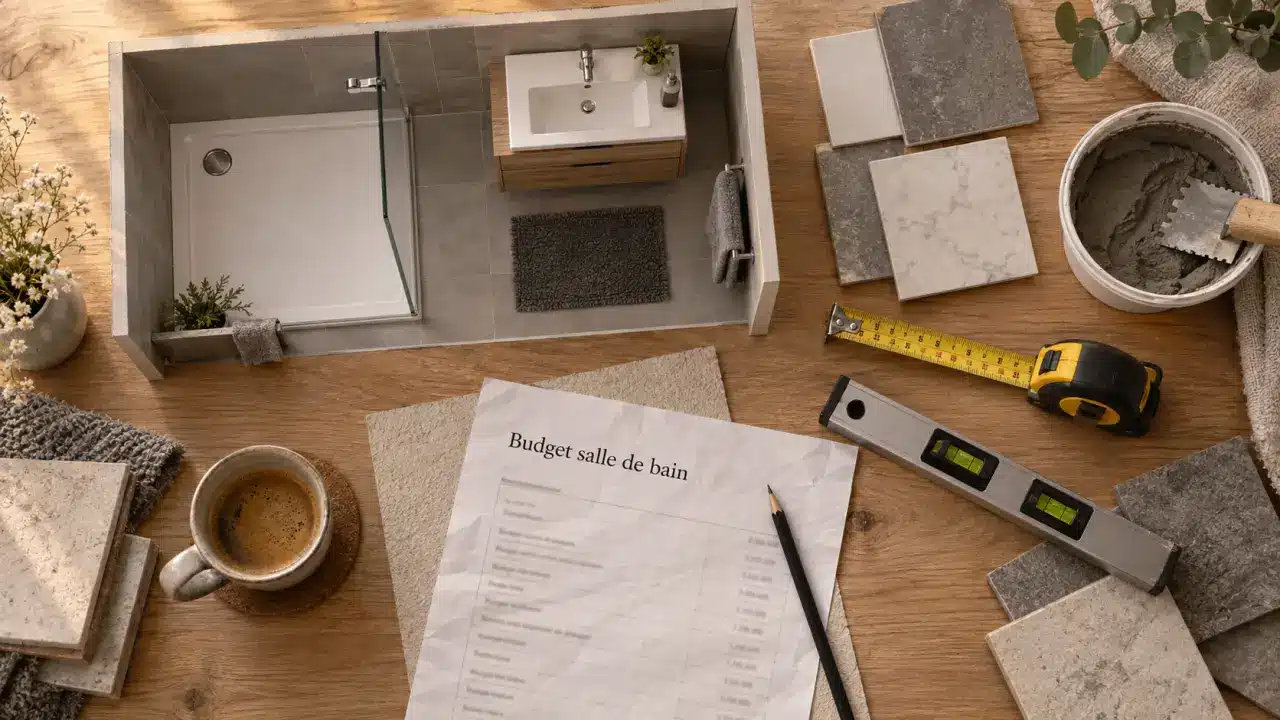 Prix renovation salle de bain : devis, mètre ruban et outils après mouvement des réseaux