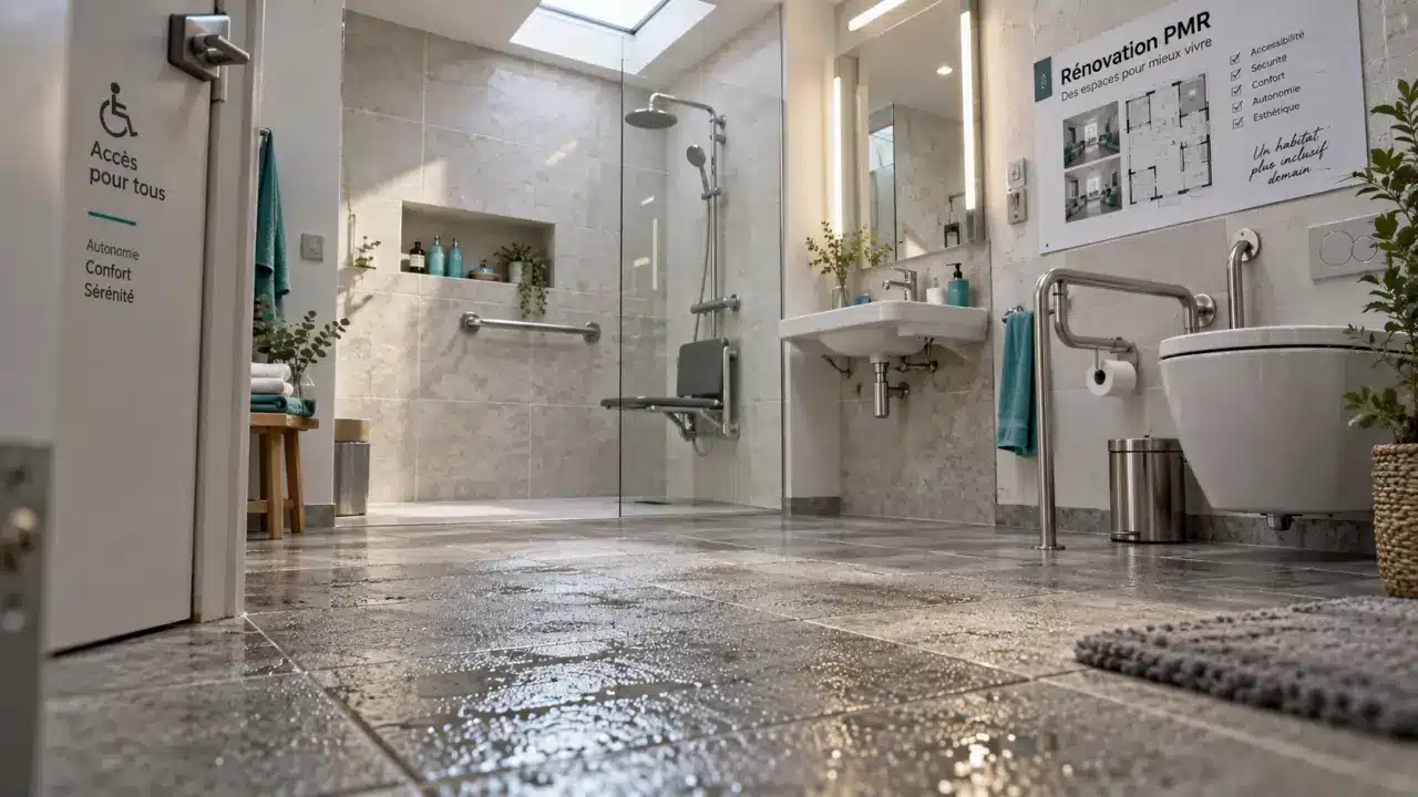 Rénovation salle de bain PMR : douche sans marche, barre d’appui, sol antidérapant