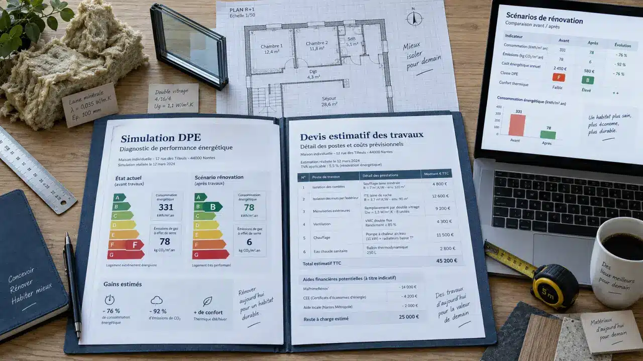 Simulation DPE sur table : données, travaux à comparer, DPE avant/après