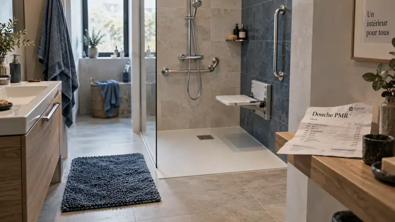 Douche PMR accessible avec barres d’appui et siège de douche