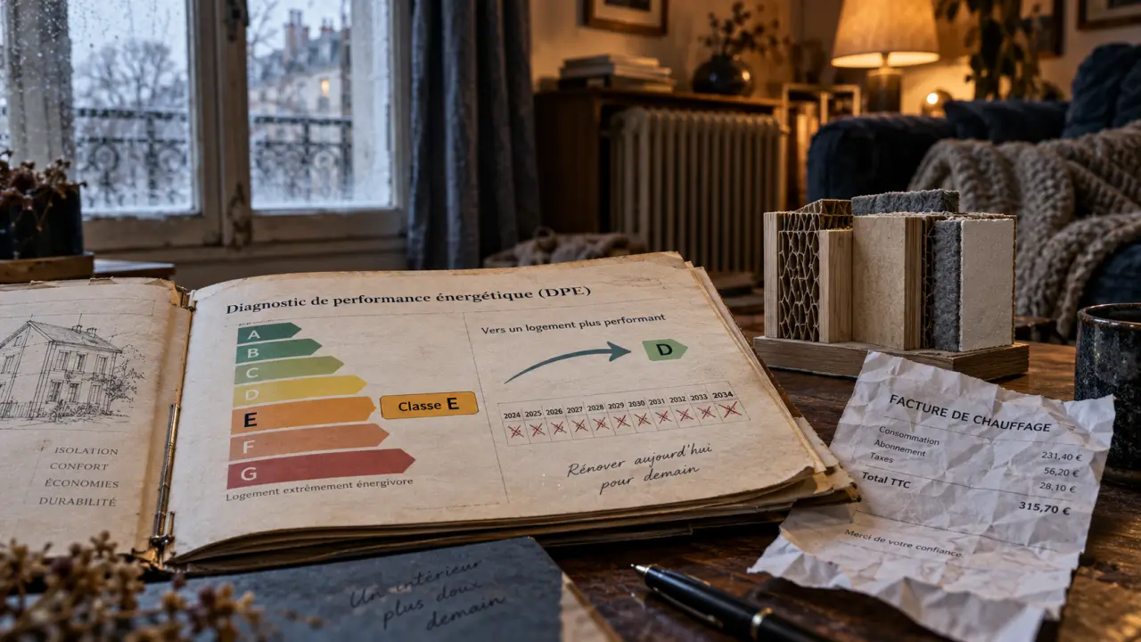 DPE e à rénover avant 2034, classe E indiquée au document