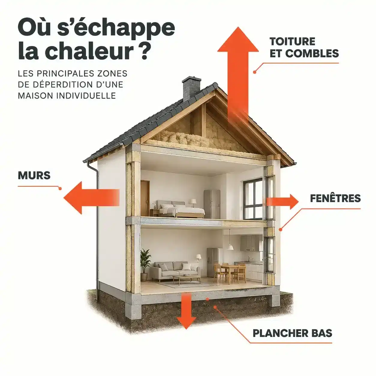 Schéma des déperditions de chaleur d'une maison pour une rénovation énergétique à Rennes : toiture, murs, plancher bas et fenêtres
