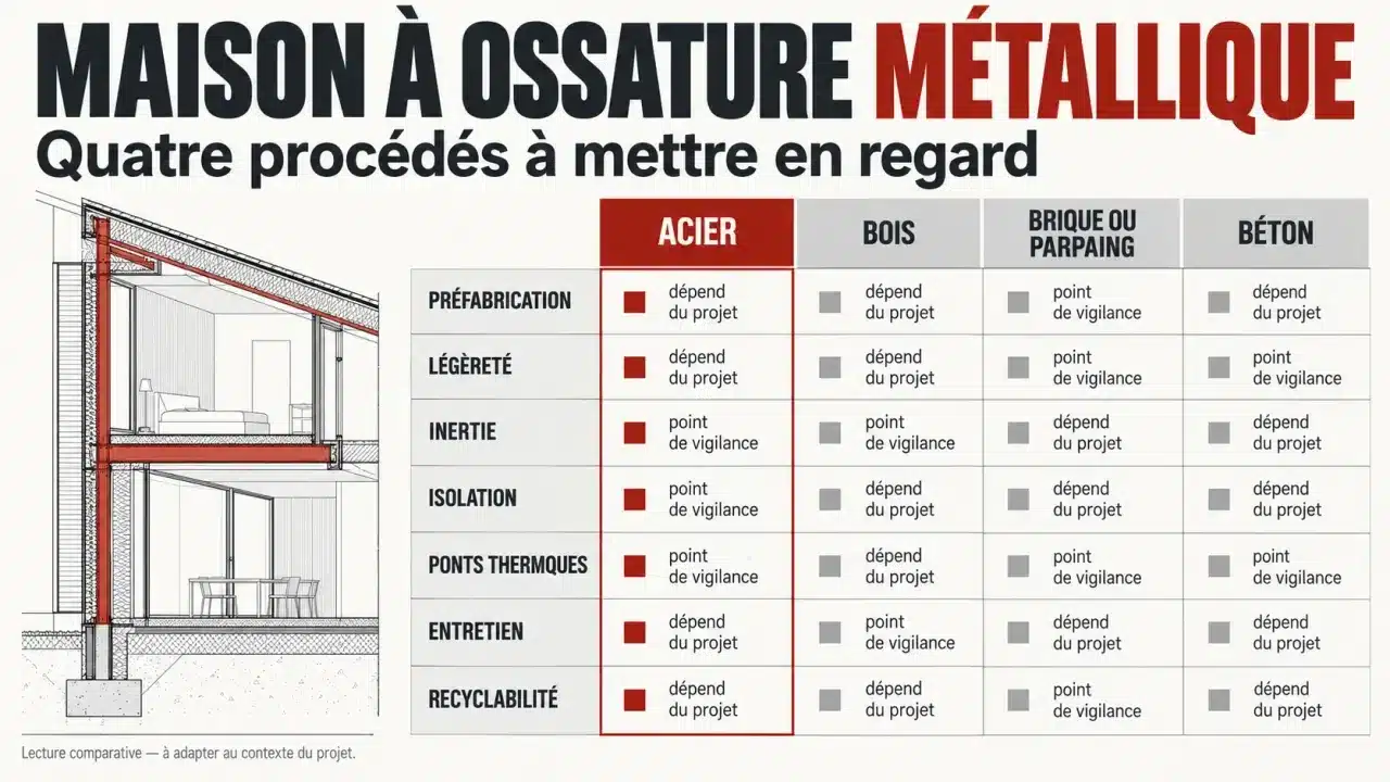 Ossature métallique maison : comparaison visuelle de l’acier, du bois, de la brique et du béton