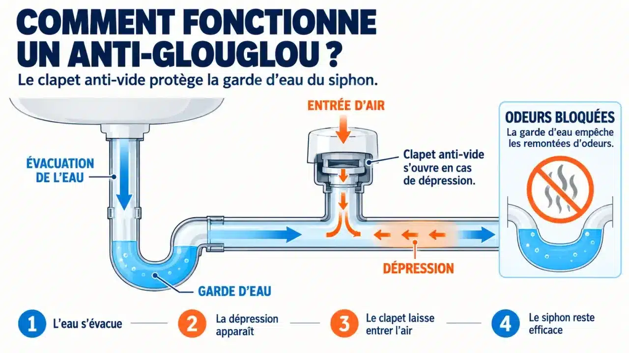Schéma du fonctionnement d’un anti glouglou canalisation avec siphon et clapet anti-vide
