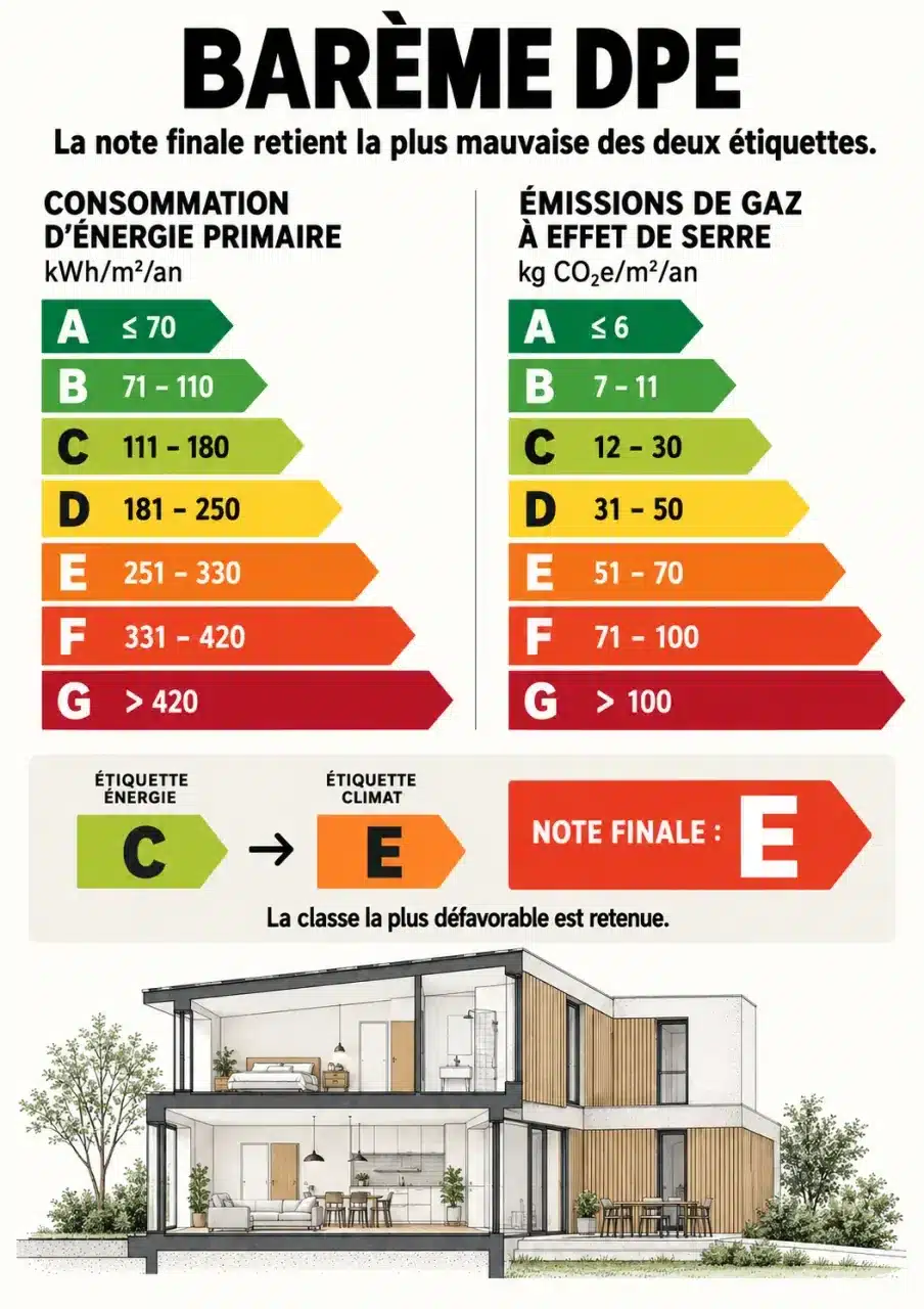 Infographie du barème DPE avec les classes A à G et les seuils de consommation et d'émissions