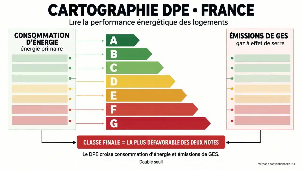 Cartographie DPE et explication des classes énergie et émissions de GES de A à G