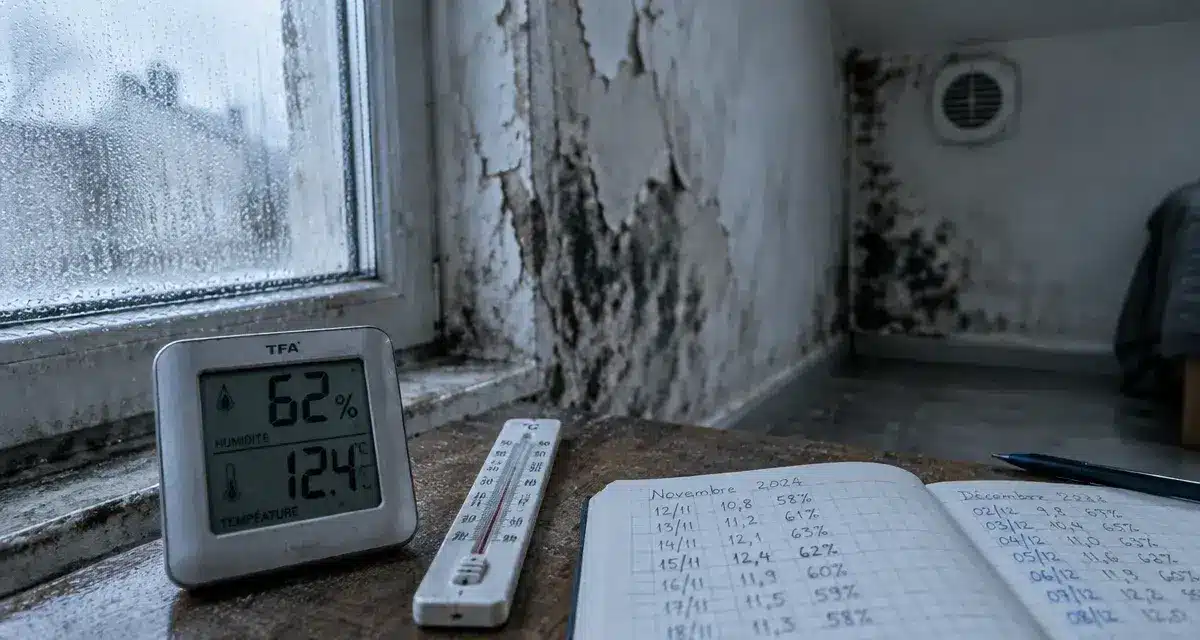 Logement insalubre humidité : hygromètre indiquant 70 % et traces de moisissures