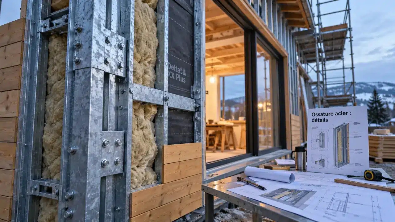 Ossature metallique maison en chantier : poteaux acier et isolation